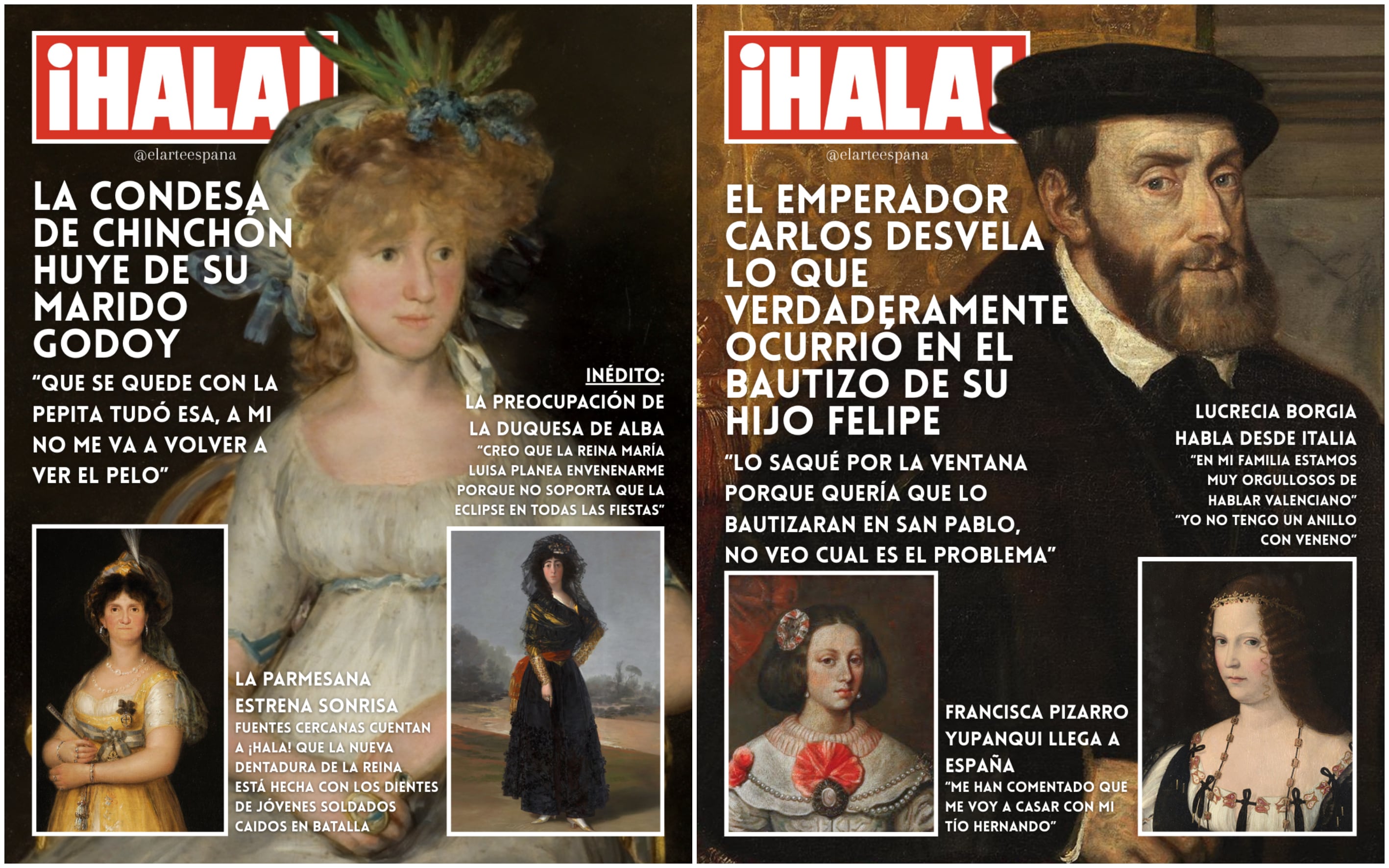 Beatriz San Vicente, la divulgadora que une historia y prensa rosa en las portadas de ‘¡Hala!’: “Los escarceos amorosos de Fernando de Aragón serían top ventas” 3 Las portadas de la revista ficticia '¡Hala!' dedicadas a la condesa de Chinchón y al emperedor Carlos.