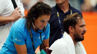 Daniil Medvedev of Russia receives medical treatment during his quarter final match against Andrey Rublev of Russia at the US Open Tennis Championships at the USTA National Tennis Center in Flushing Meadows, New York, USA, 06 September 2023.