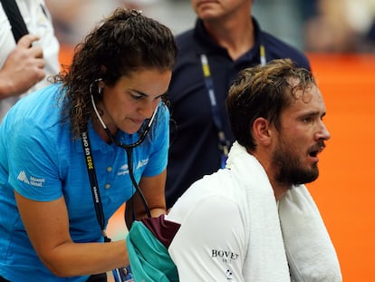 Daniil Medvedev of Russia receives medical treatment during his quarter final match against Andrey Rublev of Russia at the US Open Tennis Championships at the USTA National Tennis Center in Flushing Meadows, New York, USA, 06 September 2023.