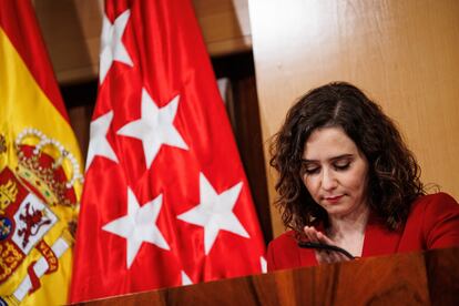 La presidenta de la Comunidad de Madrid, Isabel Díaz Ayuso, este miércoles durante una rueda de prensa.