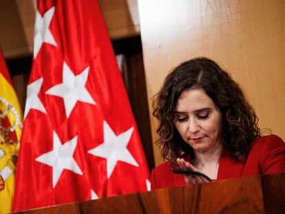 La presidenta de la Comunidad de Madrid, Isabel Díaz Ayuso, este miércoles durante una rueda de prensa.