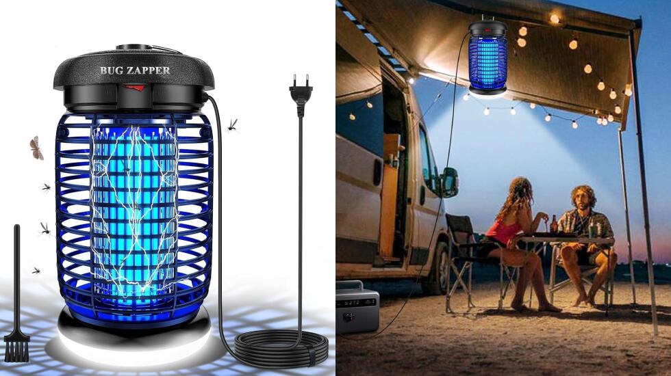 Lámpara antimosquitos con gancho metálico para colgarse.