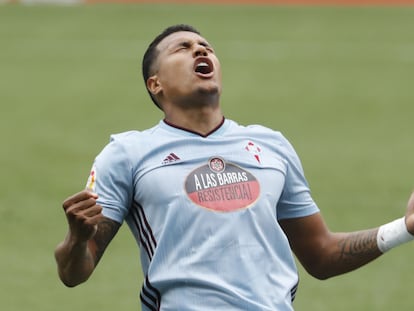 El defensa del Celta Jeison Murillo celebra un gol suyo ante el Deportivo Alavés en Balaídos el pasado domingo.