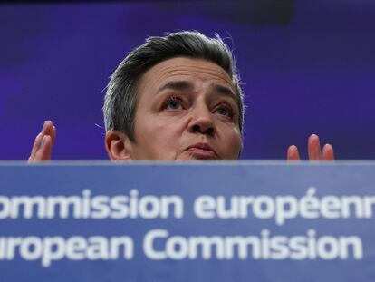 FILE PHOTO: European Commission Vice President Margrethe Vestager speaks during a news conference in Brussels, Belgium February 1, 2023. REUTERS/Yves Herman/File Photo