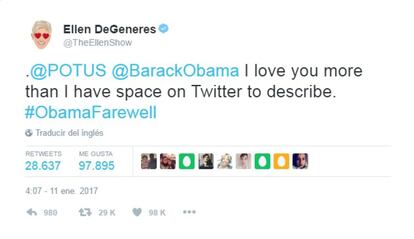 Ellen DeGeneres es una de las famosas estadounidenses que mayor relación tienen con los Obama. La presentadora fue una de las afortunadas que recibieron la Medalla de la Libertad de manos de Obama el pasado 22 de noviembre, en la que fue la última entrega del presidente demócrata. "Te quiero más de lo que puedo describir en Twitter", ha manifestado DeGeneres en Twitter.