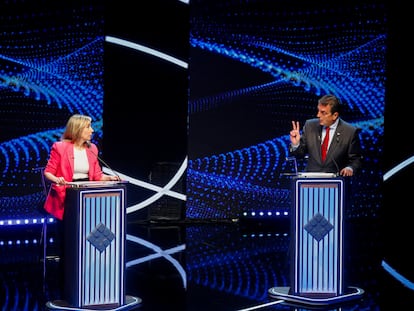 Sergio Massa interactua con Myriam Bregman, durante el debate del domingo en Buenos Aires.