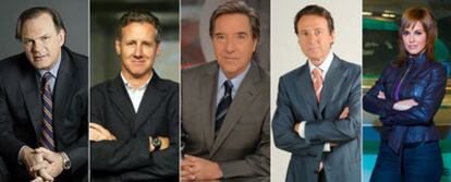 De izquierda a derecha, Pedro Piqueras, Lorenzo Milá, Iñaki Gabilondo, Matias Prats y Mamen Mendizábal.
