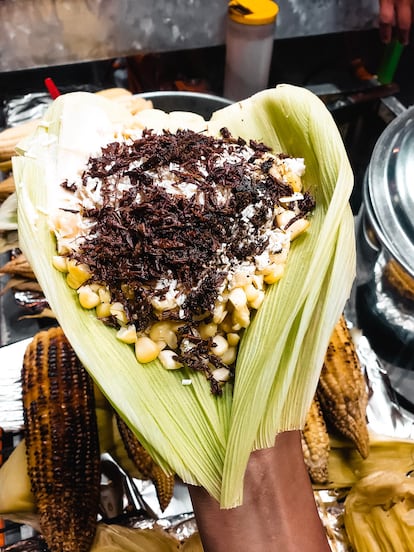 Esquites con chapulines (saltamontes fritos), un típico antojito mexicano. 