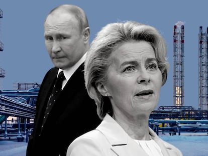 Collage del presidente de Rusia, Vladímir Putin, junto a la presidenta de la Comisión Europea, Ursula von der Leyen.