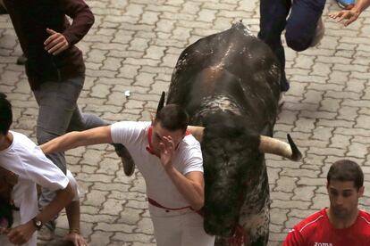 Uno de los toros de la ganadería madrileña de Victoriano del Río a su llegada al callejón de la plaza pamplonica, durante el sexto encierro de los Sanfermines.