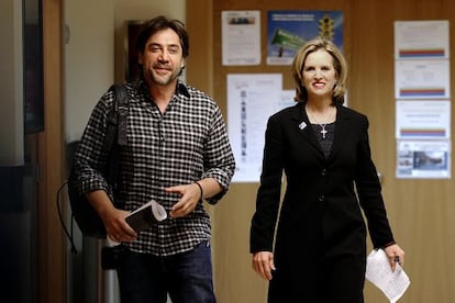 Javier Bardem with Kerry Kennedy in Madrid last week.