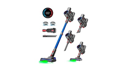 Ofertas primavera aspiradora escoba sobre fondo blanco.