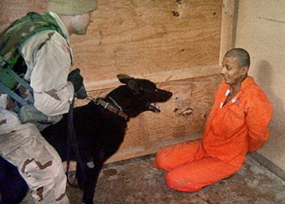 Otro soldado de Estados Unidos amenaza con un perro a un preso, acorralado en una esquina y vestido con un mono naranja, también en la cárcel de las afueras de Bagdad.