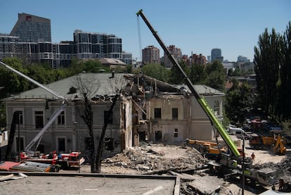 Rescuers at the Okhmatdyt children’s hospital in Kyiv, which was struck by a Russian missile.
