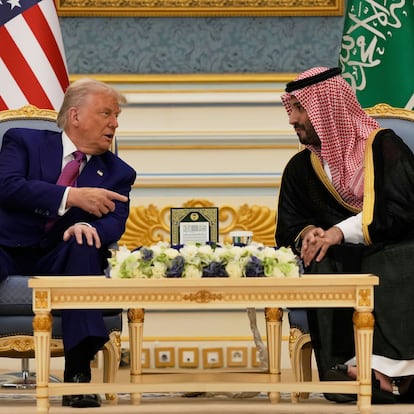 President Donald Trump and Saudi Crown Prince Mohammed bin Salman speak during a meeting at the Royal Palace in Riyadh, Saudi Arabia, Tuesday, May 13, 2025. (AP Photo/Alex Brandon)