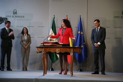 Rocío Ruiz, durante su toma de posesión como consejera de Igualdad, Políticas Sociales y Conciliación de la Junta de Andalucía.