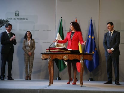 Rocío Ruiz, durante su toma de posesión como consejera de Igualdad, Políticas Sociales y Conciliación de la Junta de Andalucía.