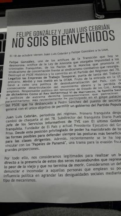 A leaflet attacking González and Cebrián was distributed ahead of the scheduled talk.