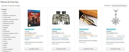 Varios artículos disponibles durante la primera jornada del Prime Day de 2017.