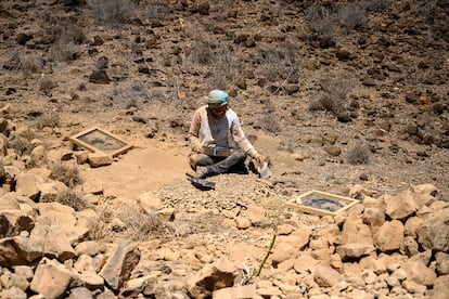 Candela Martínez, arqueóloga, criba con tamices la tierra procedente del interior de un túmulo del yacimiento de Daas Biyo. De esta forma trata de encontrar fragmentos óseos o ajuar (como pequeñas cuentas) que se hayan podido quedar en las terreras de la excavación.