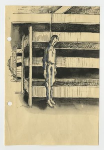 Un dibujo del diario de tres prisioneros polacos del campo de Auschwitz-Birkenau, donado al museo del campo.