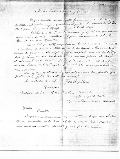 Carta de Fray Angélico Aranda a Antoni Gaudí del 15 de agosto de 1922.