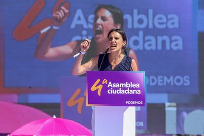 La ministra de Igualdad, Irene Montero, interviene en la IV Asamblea Ciudadana Estatal de Podemos, el 13 de junio en el Auditorio Parque de Lucía de Alcorcón.