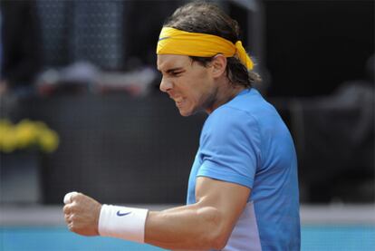 Nadal celebra su triunfo ante el francés, que le permite jugar las semifinales del Masters madrileño