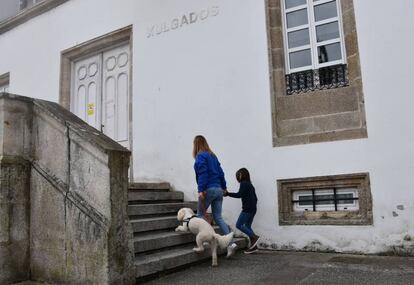 Un niño llega a los juzgados de Betanzos junto a una terapeuta y la perra Venus en una imagen simulada.