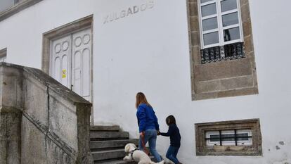 Un niño llega a los juzgados de Betanzos junto a una terapeuta y la perra Venus en una imagen simulada.