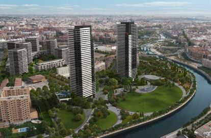Proyección del ámbito del Calderón, que incluye dos rascacielos de 36 pisos junto al Manzanares.