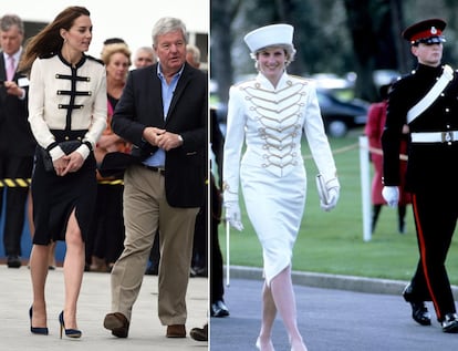 Kate Middleton, vestida de Alexander McQueen en mayo del año pasado. A la derecha, Lady Di, con un vestido de una de sus diseñadoras de cabecera Catherine Walker, que también ha vestido a la actual duquesa de Cambridge. 