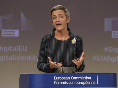 La comisaria Europea Margrethe Vestager, durante la presentación de la nueva billetera de identidad digital europea.