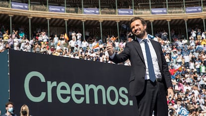 El líder del PP, Pablo Casado, durante la clausura de la convención nacional de su partido este domingo en Valencia.