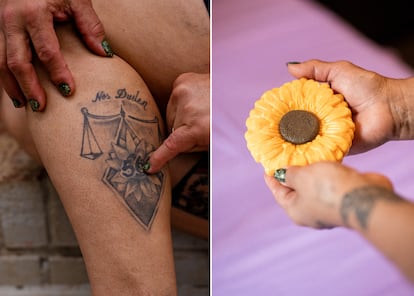 Vianney muestra su pierna con el tatuaje de un símbolo que representa a esta historia, la frase “Nos Duelen 56”, por la cantidad de niñas afectadas por el fuego.