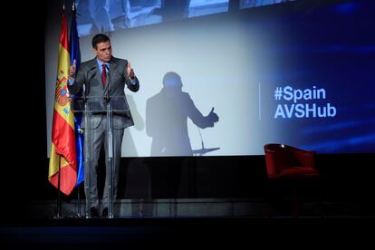 El presidente del Gobierno, Pedro Sánchez, durante la presentación del Plan Spain Audiovisual Hub, este 24 de marzo.