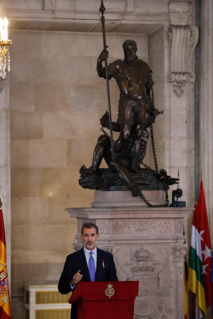 El rey Felipe VI, durante su intervención en el acto de imposición de condecoraciones a ciudadanos.