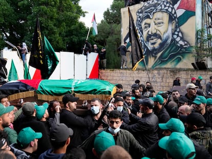 Funeral de Saleh al Aruri, número dos de Hamás, este jueves en Beirut.