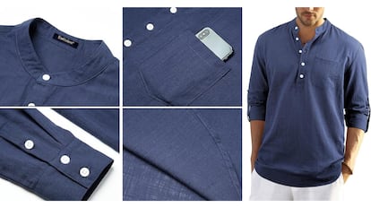 Esta camisa de lino para hombre cuenta con botones hasta la mitad del pecho y un cuello tipo mandarín.