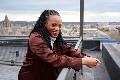 U.S. Rep. Summer Lee, D-Pa., stands for a portrait overlooking the East Liberty neighborhood of Pittsburgh, Monday, April 8, 2024.