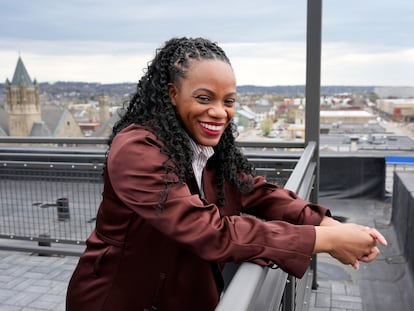 U.S. Rep. Summer Lee, D-Pa., stands for a portrait overlooking the East Liberty neighborhood of Pittsburgh, Monday, April 8, 2024.