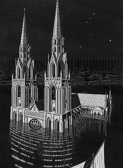 Arriba, la <i>Catedral sumergida</i>, dibujo de M. C. Escher.