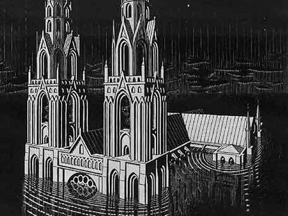 Arriba, la <i>Catedral sumergida</i>, dibujo de M. C. Escher.