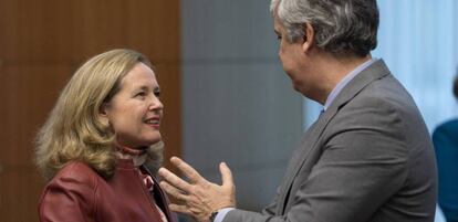 La vicepresidenta de Asuntos Económicos, Nadia Calviño, junto al presidente del Eurogrupo, Mario Centeno, el pasado mes de enero.
 