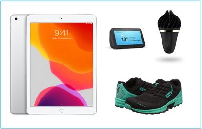 A la izquierda, el iPad 10.2”; a la derecha (de arriba a abajo): Amazon Echo Show, Satisfyer Sweet Treat y Zapatillas Innov-8.