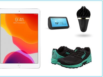 A la izquierda, el iPad 10.2”; a la derecha (de arriba a abajo): Amazon Echo Show, Satisfyer Sweet Treat y Zapatillas Innov-8.