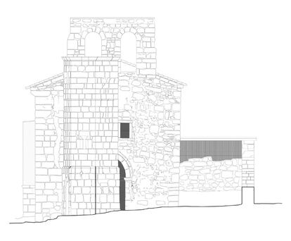 Plano del lado oeste de la iglesia de San Pedro, en la localidad burgalesa de Albacastro. Antes de las intervenciones, los técnicos de la Fundación Santa María la Real realizan estudios con planos para conocer el terreno y situación del edificio.