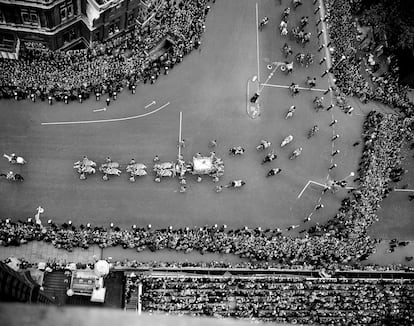 A historic image taken from Big Ben, as Queen Elizabeth II and the Duke of Edinburgh arrive in the State Coach at Westminster Abbey for the Coronation ceremony.   