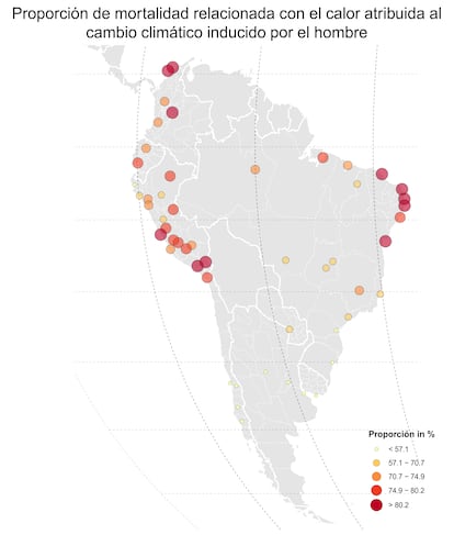 El estudio muestra que son las ciudades de América Latina las que tienen una mayor mortalidad provocada por el calor antropogénico. Bogotá o Lima se acercan al 90% de riesgo relativo.