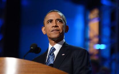 El presidente estadounidense, Barack Obama, en una pausa de su discurso ante la convenci&oacute;n dem&oacute;crata.